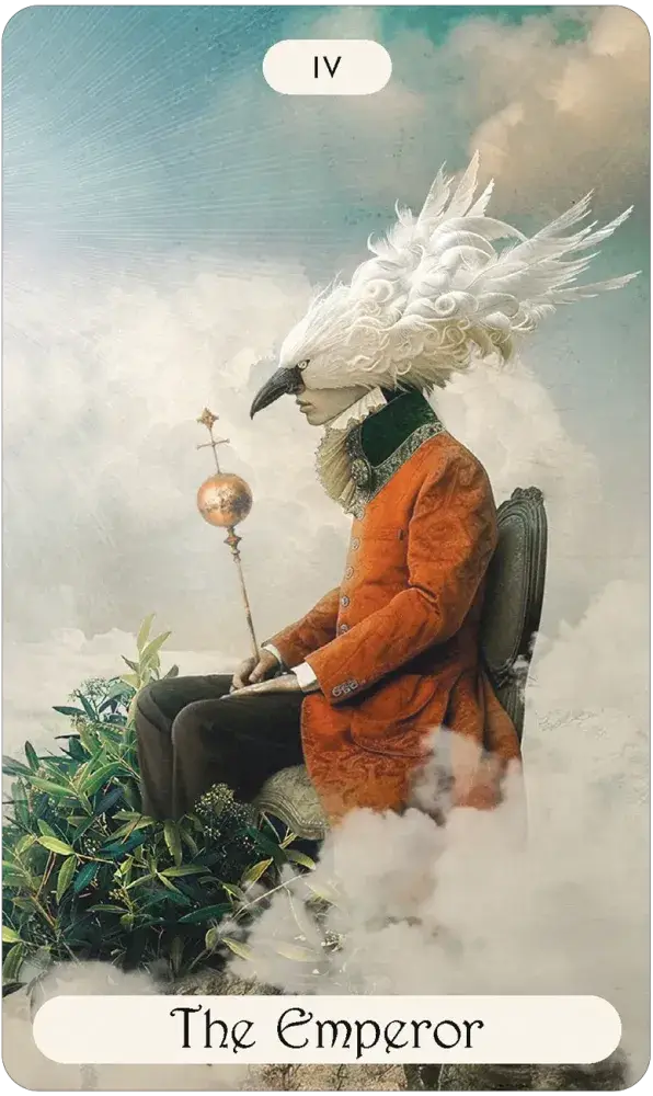 Card titled 'The Emperor' featuring a person in an orange coat with a white bird-like headdress, sitting on a cloud.