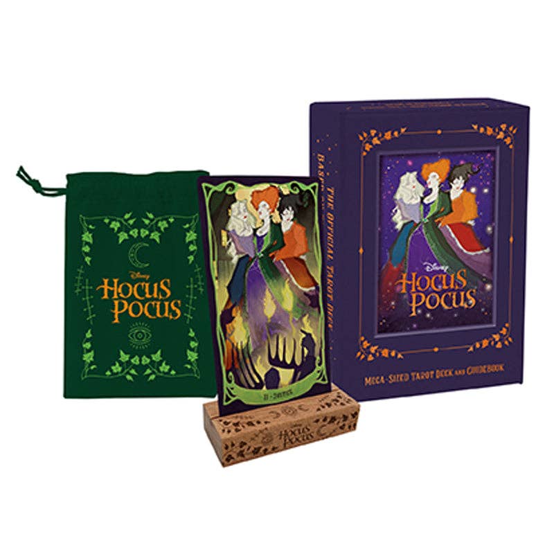 Hocus Pocus themed book, tarot card, and pouch on a white background