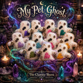 A styled product display of handmade white felt ghost dolls with colorful hearts and keys, arranged in a basket on a dark table surrounded by candles, crystals, and magical props. The text 'My Pet Ghost' is displayed at the top, and 'The Clarity Room' is shown at the bottom.