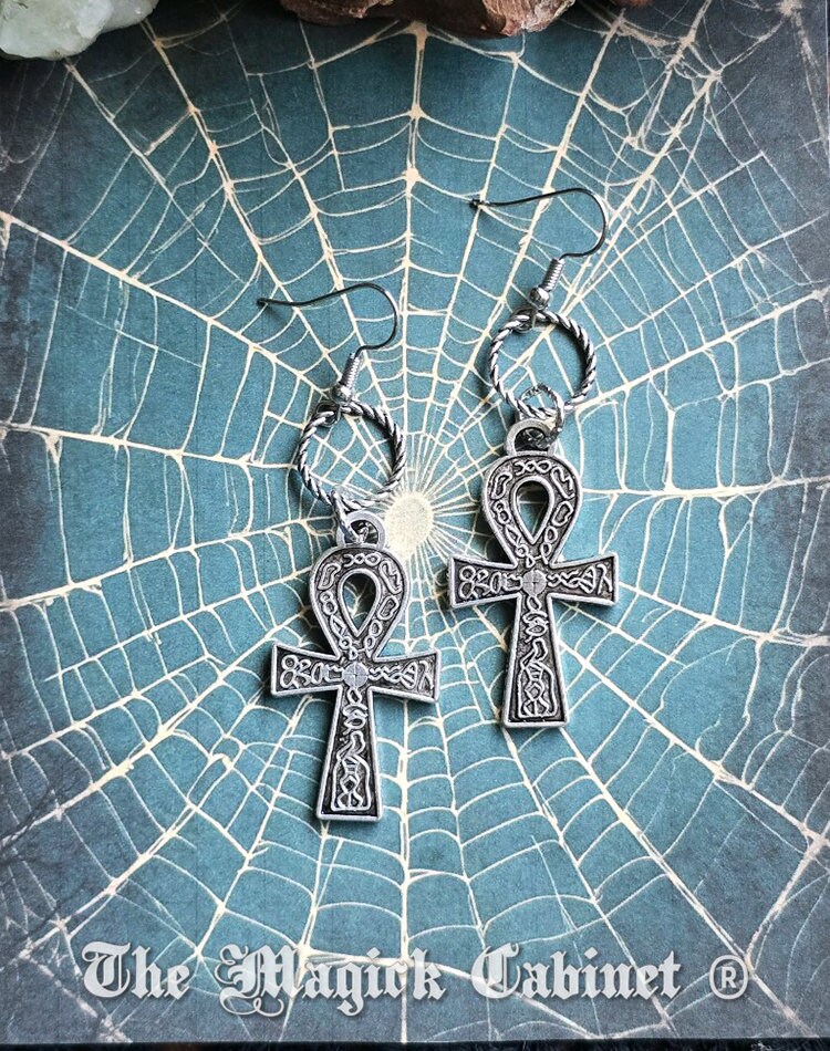 Egyptian Ankh Earrings: Silver Tone Witchy Goth Charm