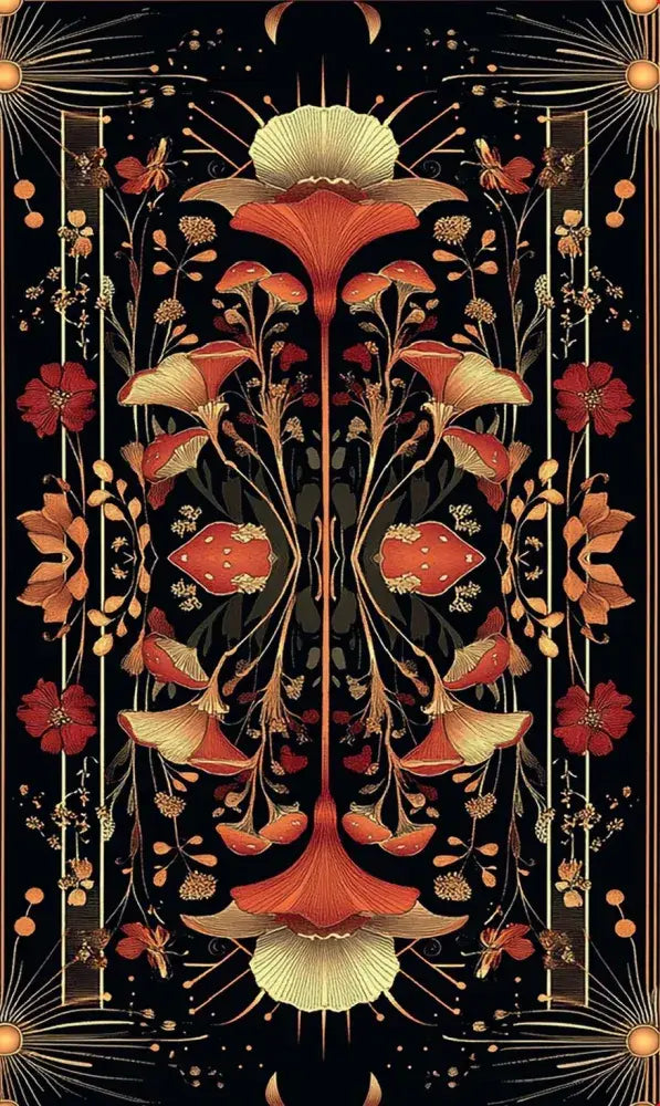 Art Nouveau style floral design with red and gold flowers on a black background