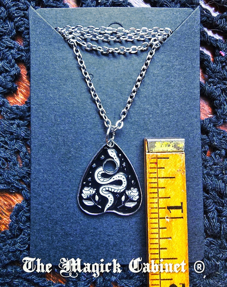 Gothic Planchette Pendant Necklace: Black Enamel Snake & Roses, 18" Chain