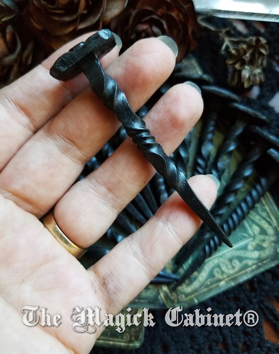 Conjure and Hexing Nail: Hand forged and twisted Iron Candle Scribe