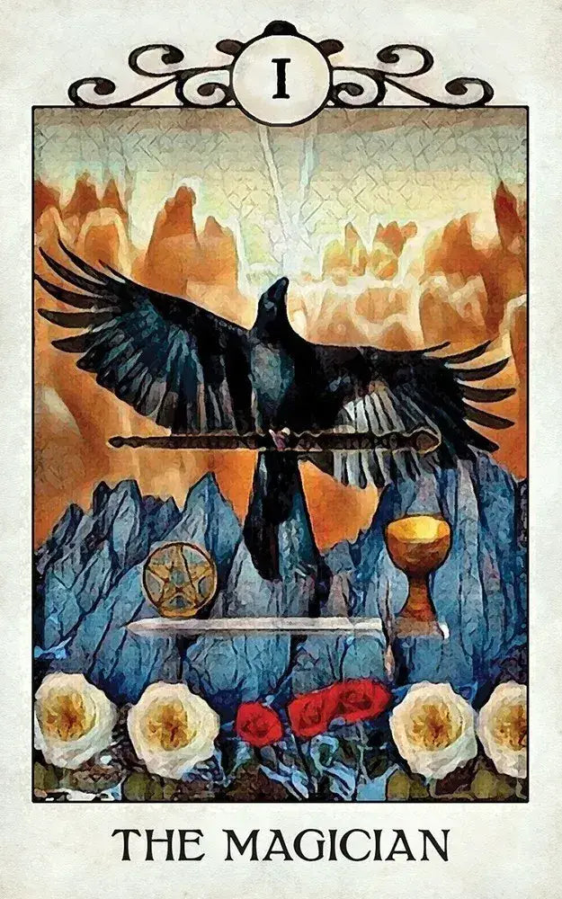 Tarot card titled 'The Magician' featuring a crow, sword, and flowers with a mountainous background.