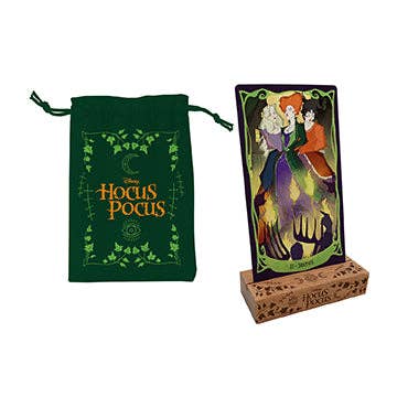 Hocus Pocus themed product with green drawstring bag and card on a white background