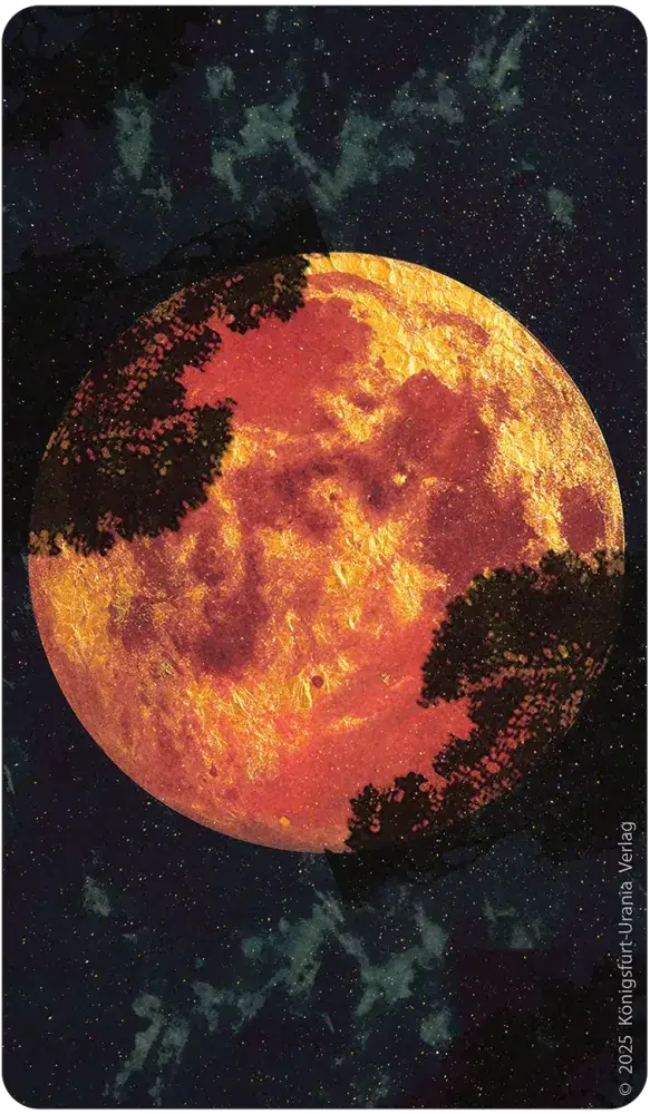 Surreal image of a fiery moon with trees against a dark sky