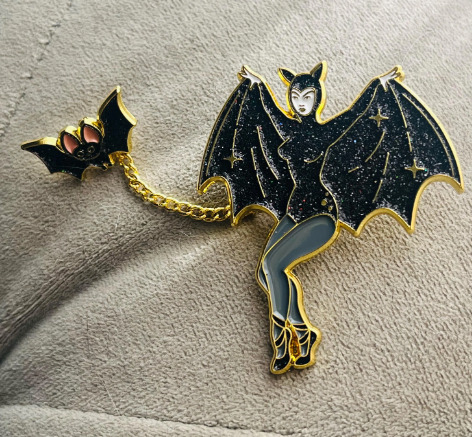 Bat Lady and Her Wingman glittery enamel pin, Two pins in one