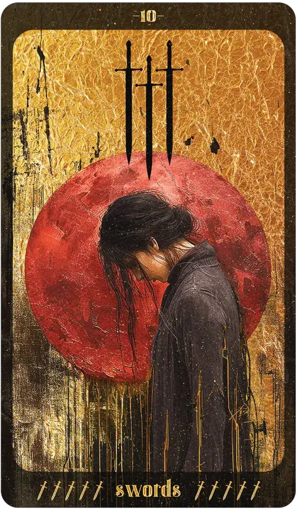 Tarot card with a person in a dark coat and hat, standing in front of a red circle with three black crosses above it.