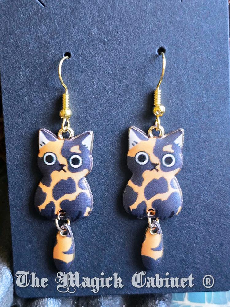 Swinging Cat Tail Earrings: Enamel Kitten Charms, Gold Tone Ear Wire