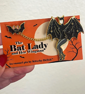 Bat Lady and Her Wingman glittery enamel pin, Two pins in one