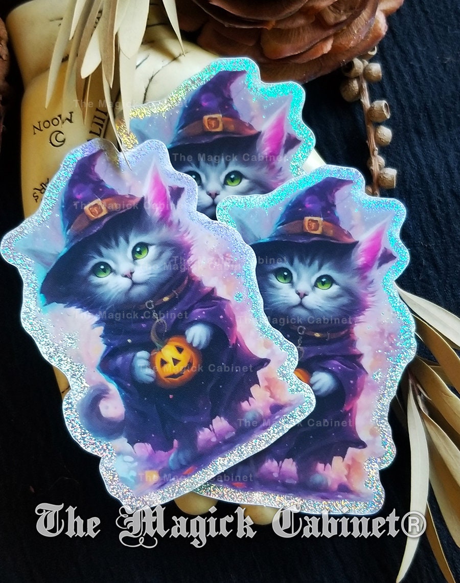 Holographic Witch Cat Sticker: Pixie Dust Familiar, Samhain Art
