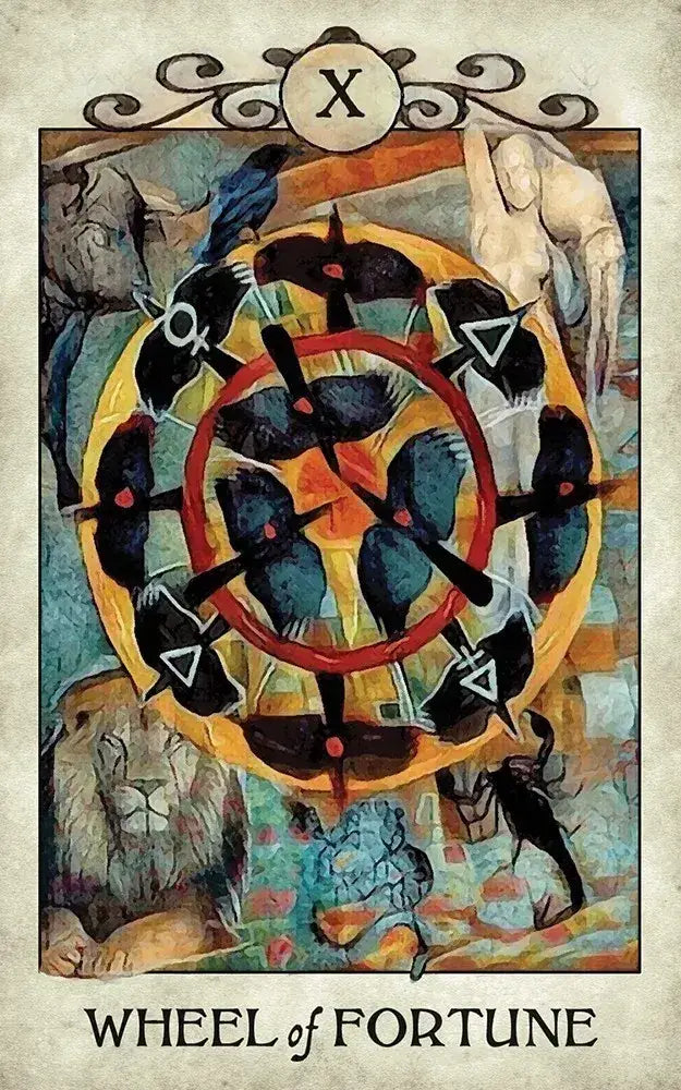 Tarot card titled 'Wheel of Fortune' with black birds and a red circle on a textured background.