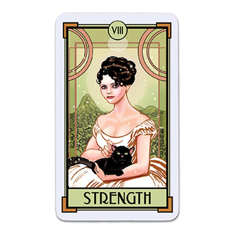 Tarot card titled 'Strength' featuring a woman holding a black cat on a white background