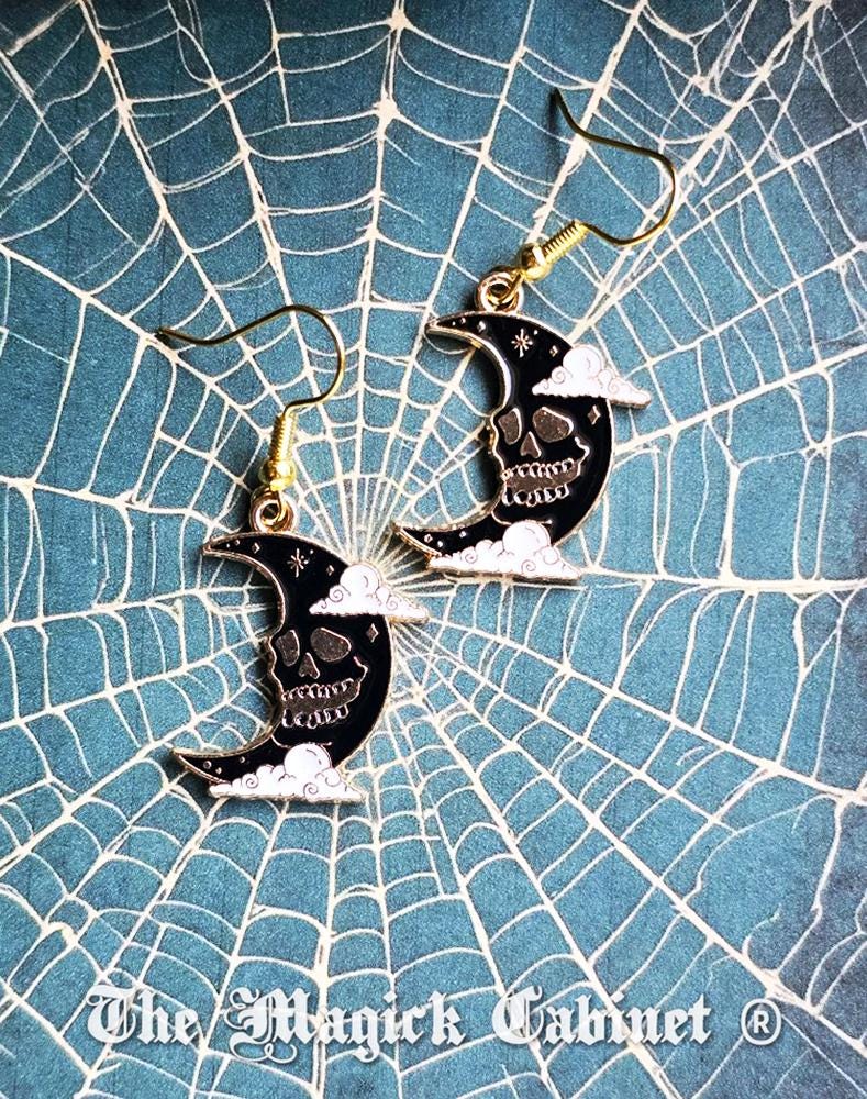 Skull Moon Enamel Earrings: Gothic Halloween Jewelry