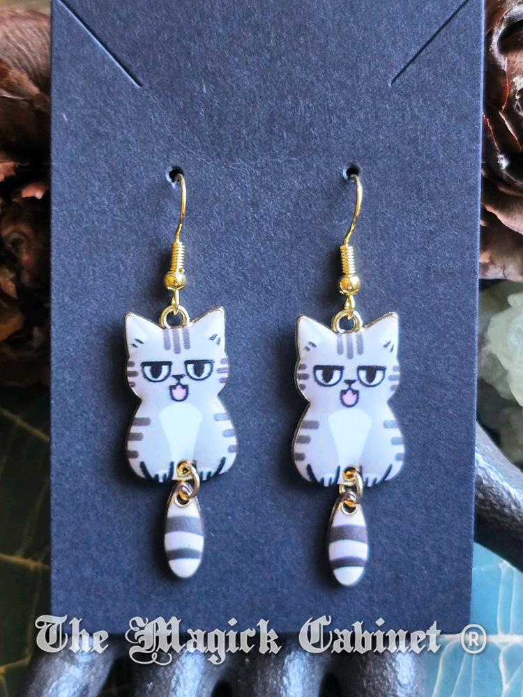 Swinging Cat Tail Earrings: Enamel Kitten Charms, Gold Tone Ear Wire