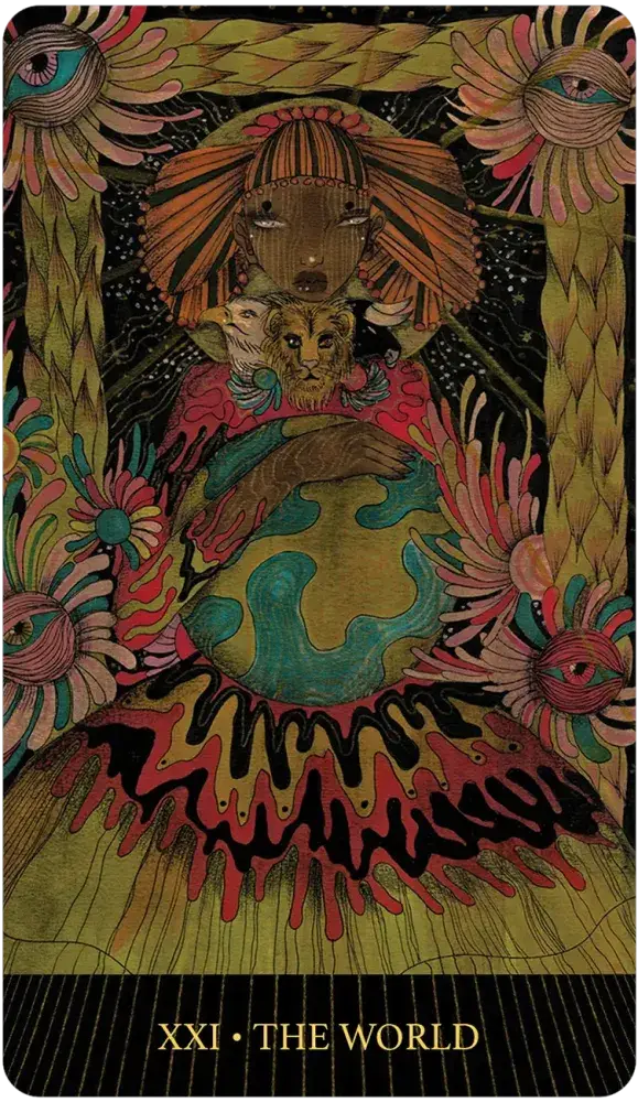 Tarot card titled 'The World' with intricate design and colorful elements.