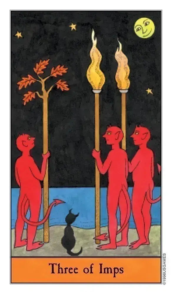 Card titled 'Three of Imps' featuring three red imp-like creatures with torches and a black cat.