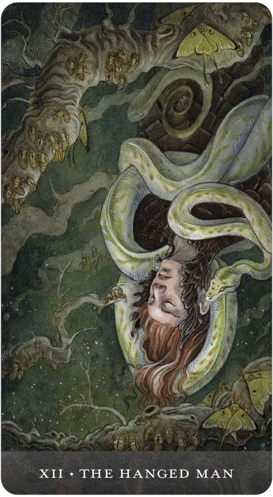Tarot card titled 'The Hanged Man' with a mystical design featuring a person hanging from a tree.