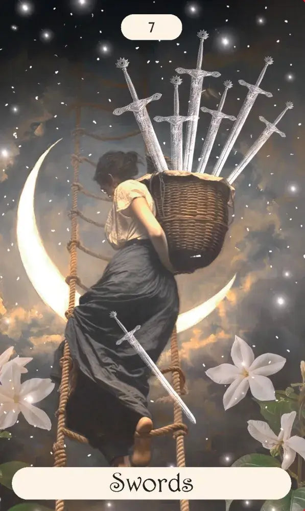 Tarot card with a person carrying a basket of swords against a celestial background